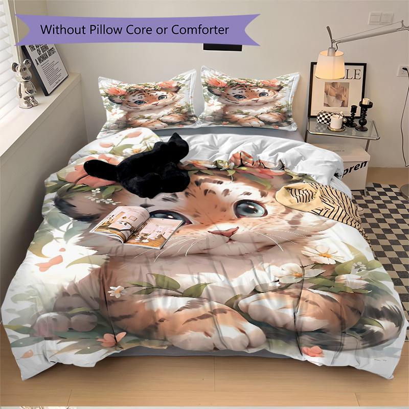 3pcs Adorable Tiger Printed Bedding Set, Soft and Comfortable Quilt Cover for Bedroom, Guest Room (1 Duvet Cover + 2 Pillowcases, Pillow Core Not