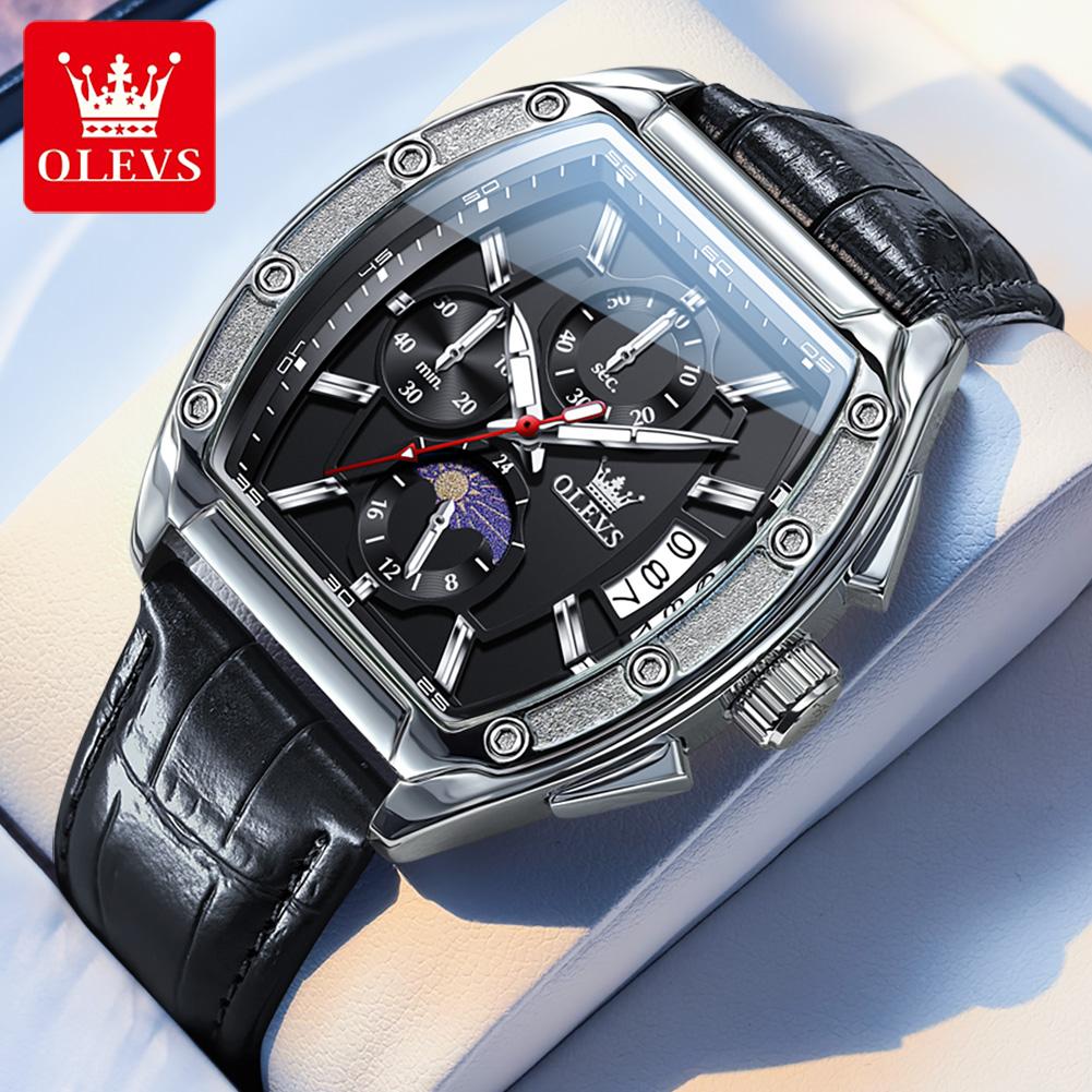 OLEVS Men s Watches 3661 Top Brand Luxury Tonneau Quartz Watch for Man Original Moverment Chronograph Moon Phase Date 24H reloj No