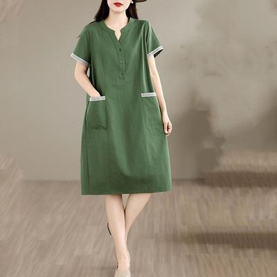 Vestido largo de verano casual holgado de algodón lino vintage de manga corta para mujer talla grande nuevo