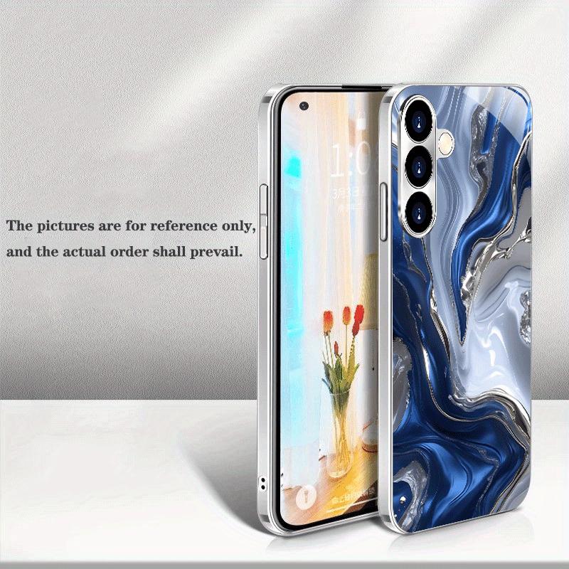 Silver Fluid Marble Pattern Tempered Glass Phone Case Suitable for Samsung Galaxy S26 S25 S24 S22 S21 S20FE Ultra Plus Anti Drop