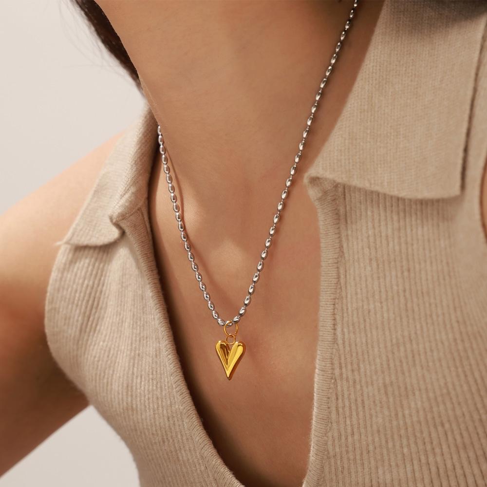 Retro Silver Color Stainless Steel Bead Chain Necklace Plated 18k Gold Color Love Titanium Steel Pendant Necklace For Women