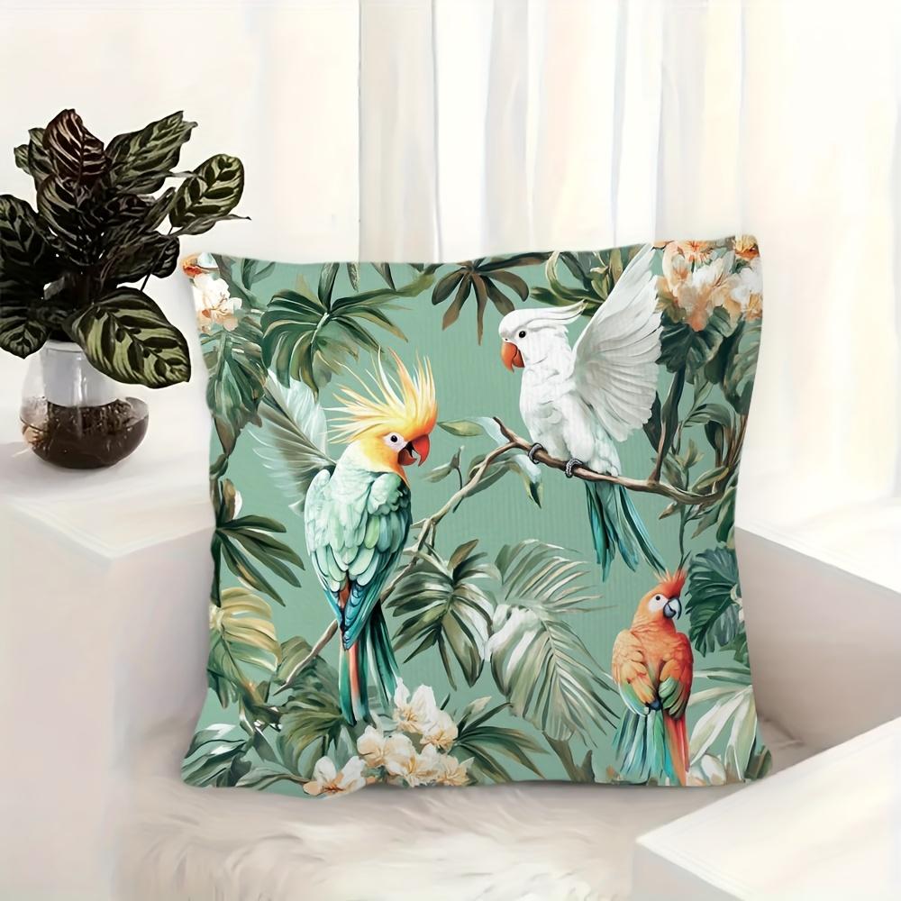2D flach- Tropischer Dschungelvögel Kissenbezug Grün Palmenblatt Floral Nymphensittich Ara Kissenhülle für Heimdekoration
