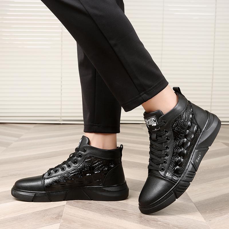 FashionCrocodile Pattern Male Sneakers Autumn/Winter Plush Leather Men Casual Shoes Business Work Office Lace-up Dress shoes For Men