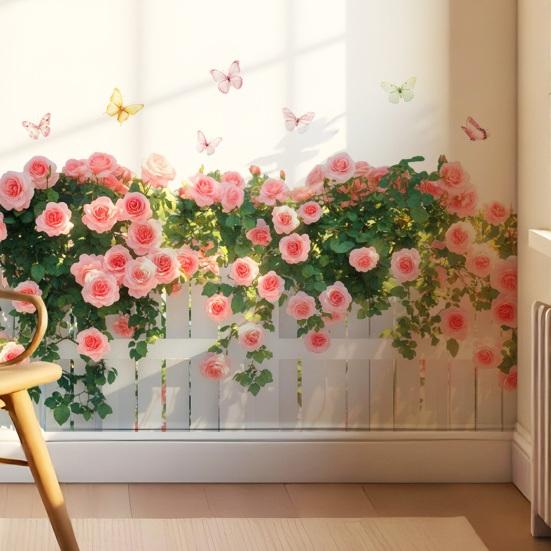 Spring Pink Flowers Fence Wall Decal Removable Floral Wall Art Murals Peel And Stick