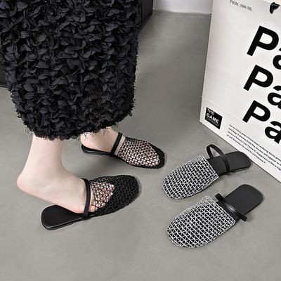 Europäische und amerikanische Nischen-Fischnetz-gewebte hohle römische Sandalen Damen Sommer neu Fischer flacher Boden runde Zehenpartie Taschenkopf Halbschuhe