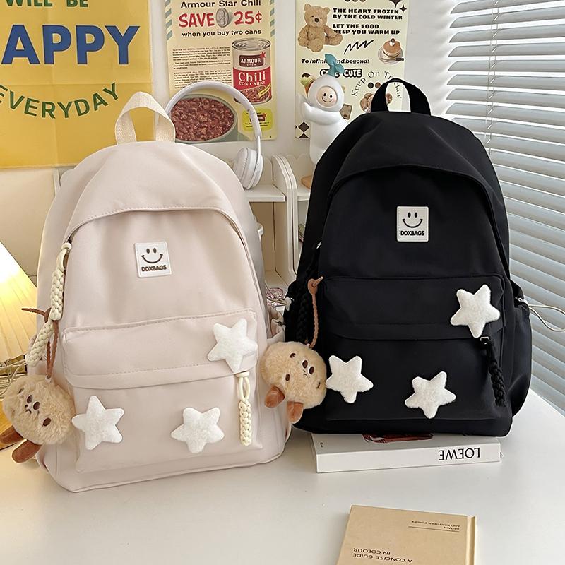 Cute Pink Backpack for Girls Fashionable Star Decorated School Bag with Plush Charm Ideal for Daily Use and School Cute Style Ba