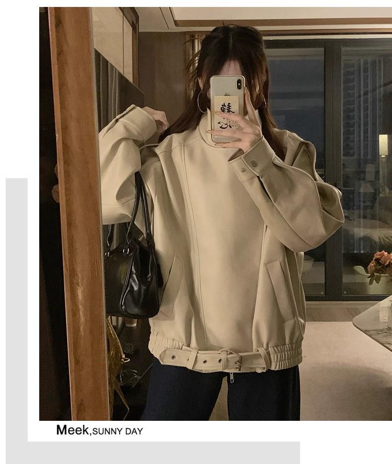 Melanoid Coffee PU Leather Long Sleeve Women's Jacket - 2025 Winter Collection, Versatile, Trendy, Loose Fit, Slimming Design