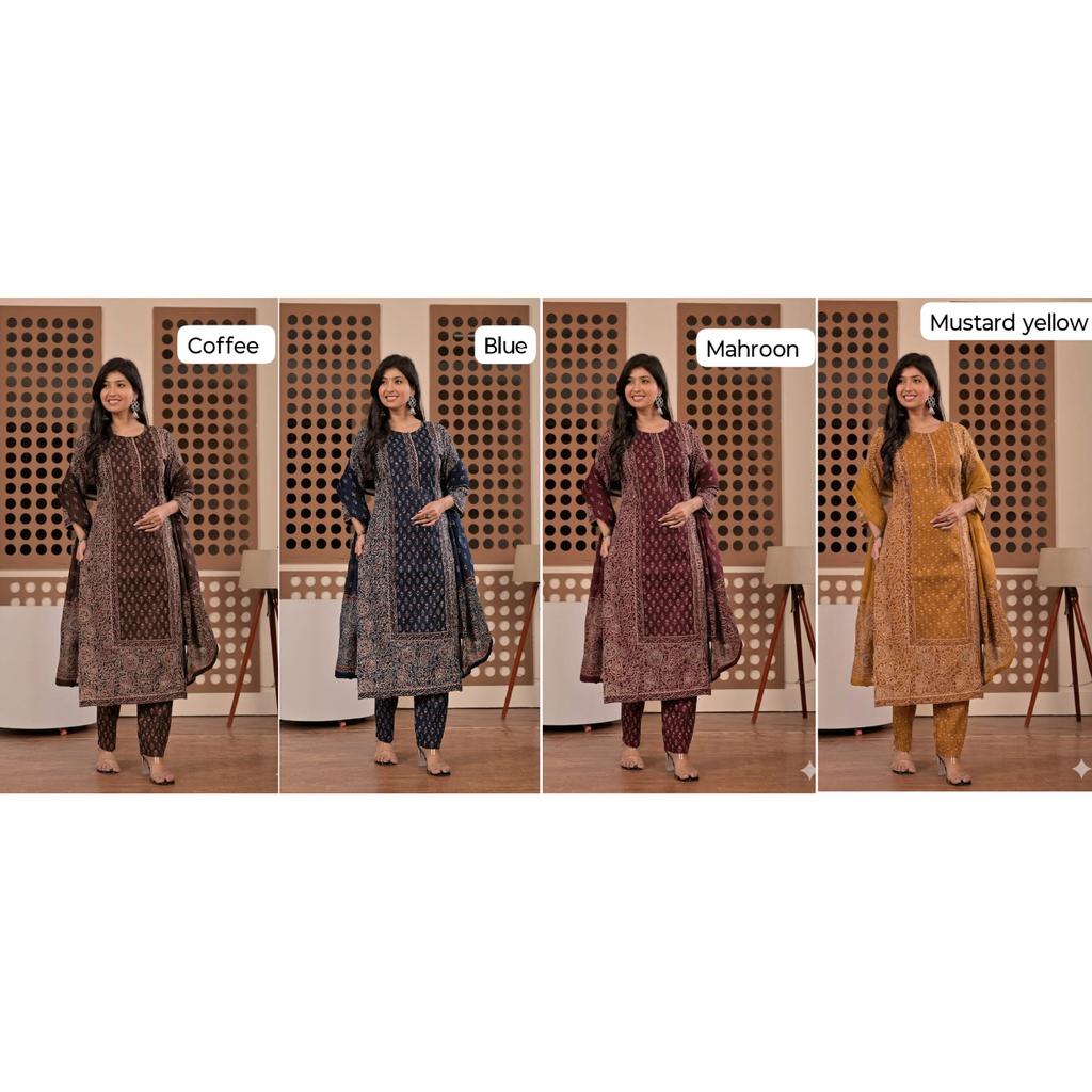 Heavy Cotton Women's Kurti Pant Dupatta Set Indian Designer Top Tunic Kurta Set