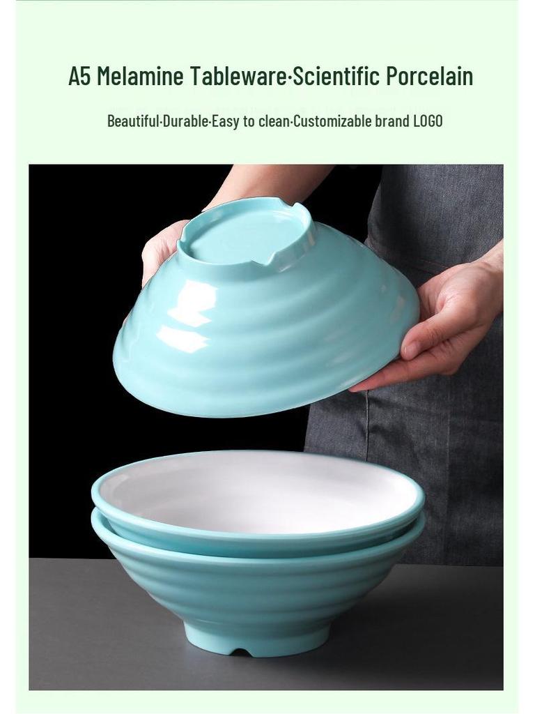 Two-Color Thickened Melamine Noodle Bowl - Large, Threaded Design for Restaurants, Perfect for Noodle Soup, Ramen, and Snail Rice Noodles