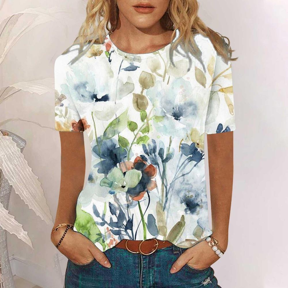 Summer Women's  Round Neck Temperament Elegant T-shirt Breathable Short-sleeved Floral Pattern Top Loose Casual Ladies T-shirt