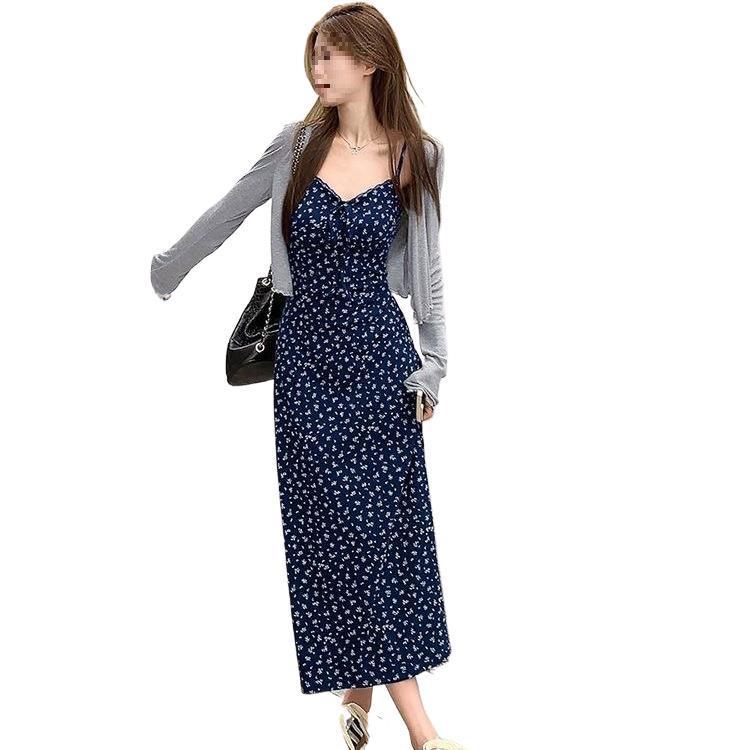 Gentle Forest-Inspired Floral Camisole Dress with Lace-up Long Skirt & Long Sleeve Cropped Cardigan Set for Women