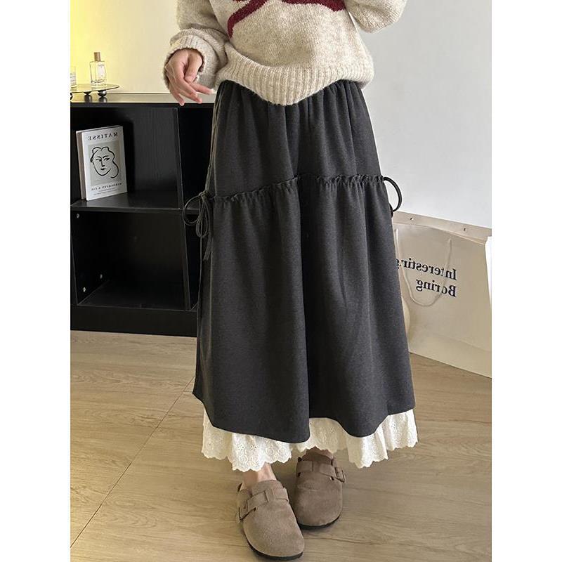 Korean-Style Sweet Lace Trim Patchwork Midi Skirt - Autumn/Winter A-line Retro High-Waist for Women