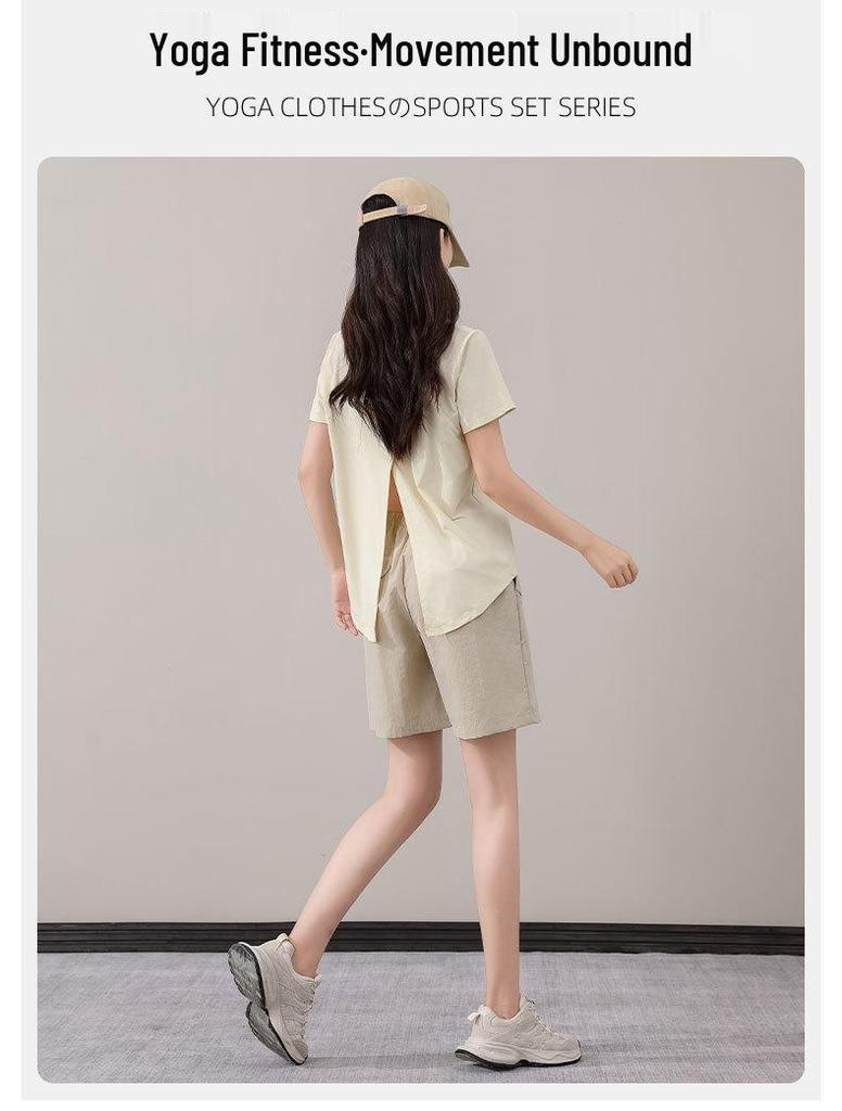 Women's Purple Two-Piece Set: Quick-Dry Ice Silk T-Shirt & Loose Five-Point Cargo Shorts