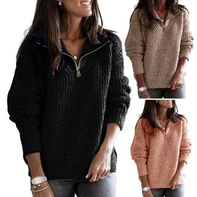 Sweater with Zipper Comfortable Spandex Long Sleeve V-Neck Knit Sweater for Daily Life