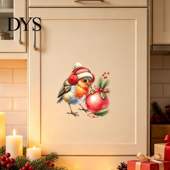 Watercolor Bird Wall Decals Christmas Sticker, Cute with Wreath/Scarf/Hat/Ear Warmer, PVC Waterproof Self Adhesive Stickers Window for Holiday