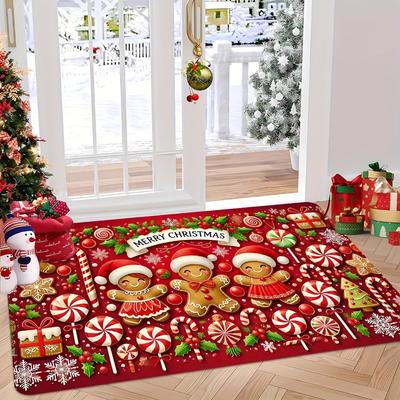 Weihnachts Lebkuchenmann Teppichmatte Teppich Karomuster Heimdekoration mit Zuckerstange Geschenkbox Muster für Feiertagsparty