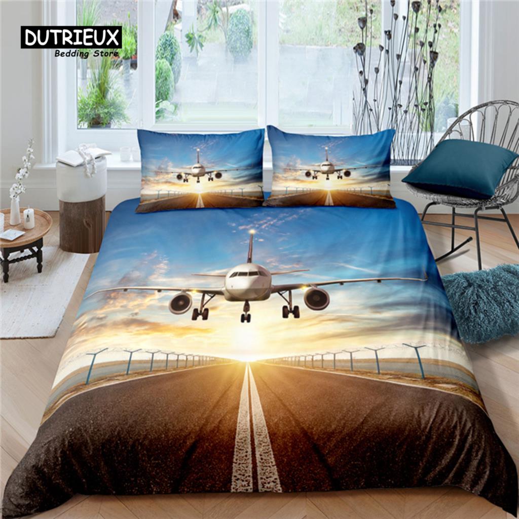 Home Living Luxus Flugzeug Landebahn Druck 2/3-teilig Weicher Bettbezug Kissenbezug Queen- und King-Size Kinderbettwäsche-Set EU/US/AU-Größe