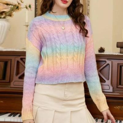 Pullovers Tricotados com Gradiente Arco-Íris de Outono Mulheres Vintage Manga Longa Suéter Feminino Inverno Coreano Casual Gola Redonda Tricot 29413