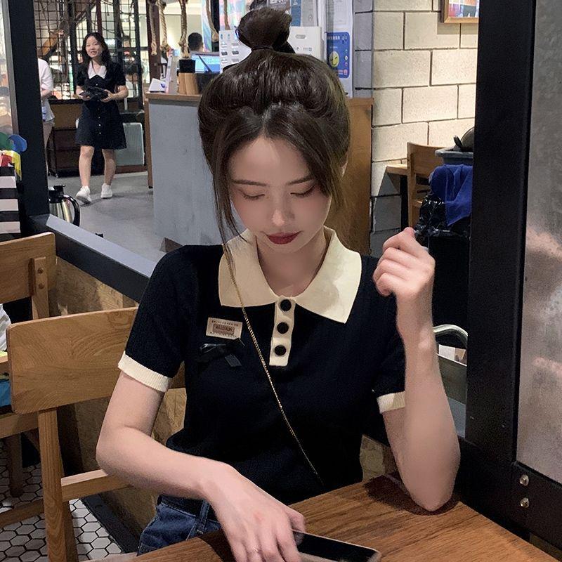 

Женская шикарная трикотажная футболка с воротником поло - Короткий рукав, трендовый летний стиль One Size [Premium Quality] чёрный