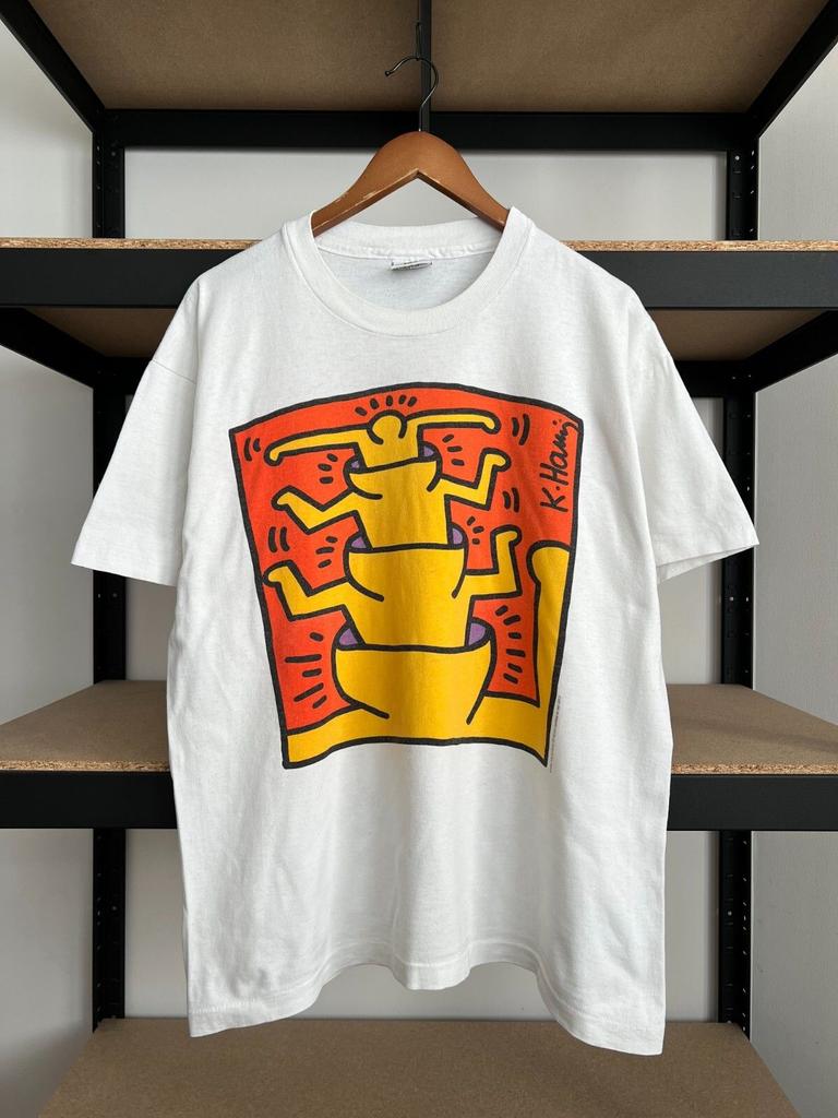Unisex shirt Cotton Oversize Large Size Vintage 1993 Keith Haring Guggenheim Museum Art White T-shirt Sz L