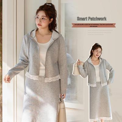 Plus Size Lace Patchwork Cropped Hoodie & Skirt Set - Spring Style 