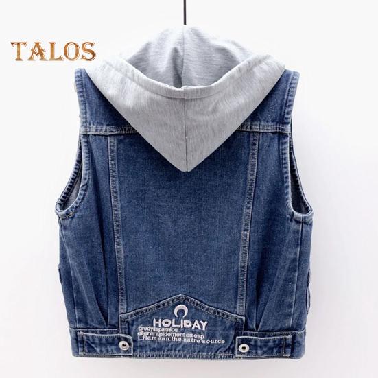 Τζιν παλτό με φερμουάρ, φθινοπωρινή άνοιξη, μονόπετο, αμάνικο, κουκούλα, τσέπες, φαρδύ μπουφάν, κορδόνι, κοντό γιλέκο για καθημερινή χρήση