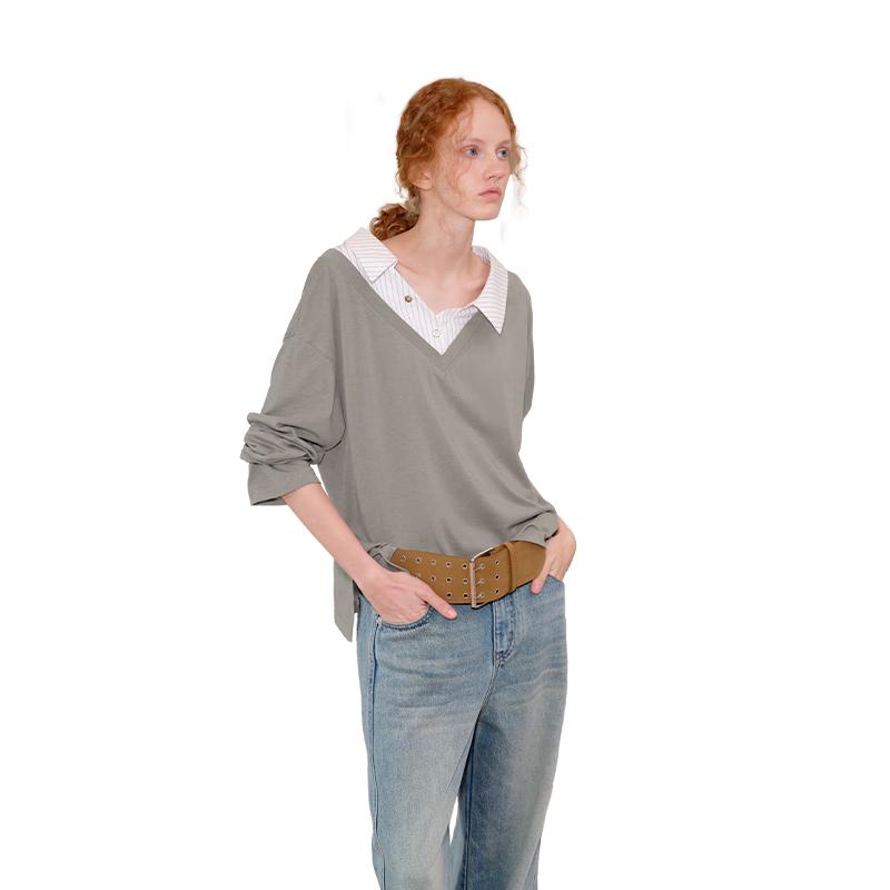 GREEN BELT Lyocell Faux Two-Piece Shirt Collar Tee L