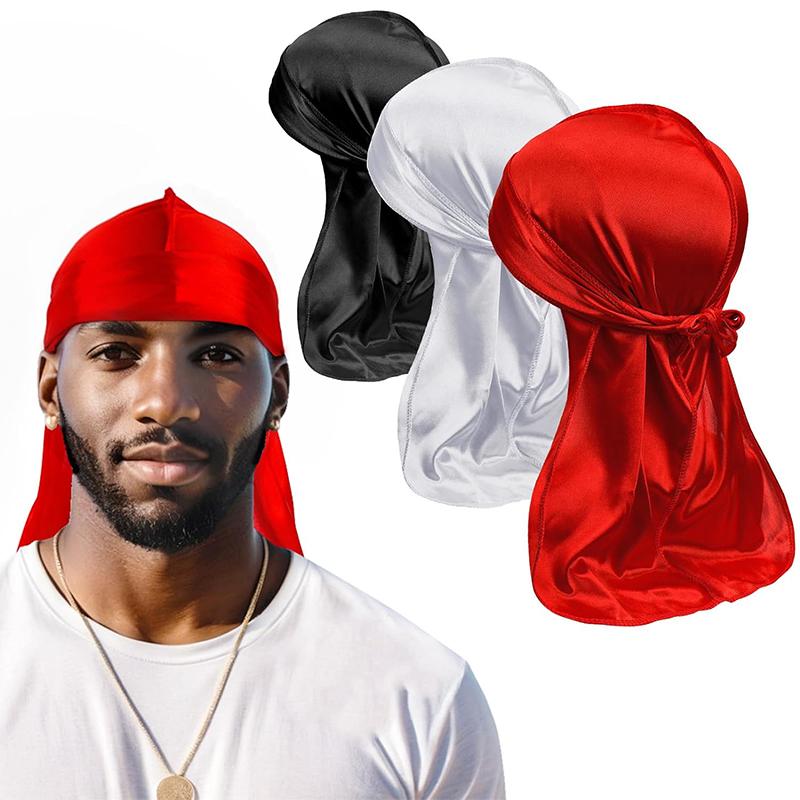 3PCS/LOT Long Durag Silk Satin Bandanas Cap Turban Hat Wigs Biker Headwrap Chemo Cap Pirate Hat Men Women Hair Accessories