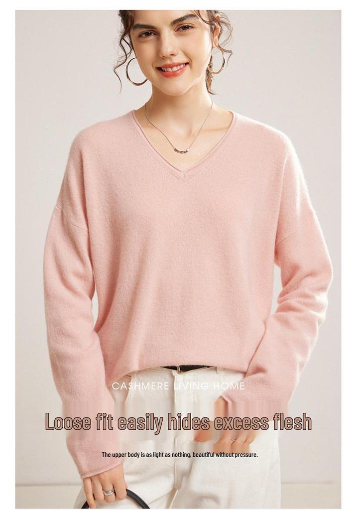 Women's V-Neck Cashmere Pullover Sweater - Loose Fit, Long Sleeve, Versatile for Autumn & Winter.