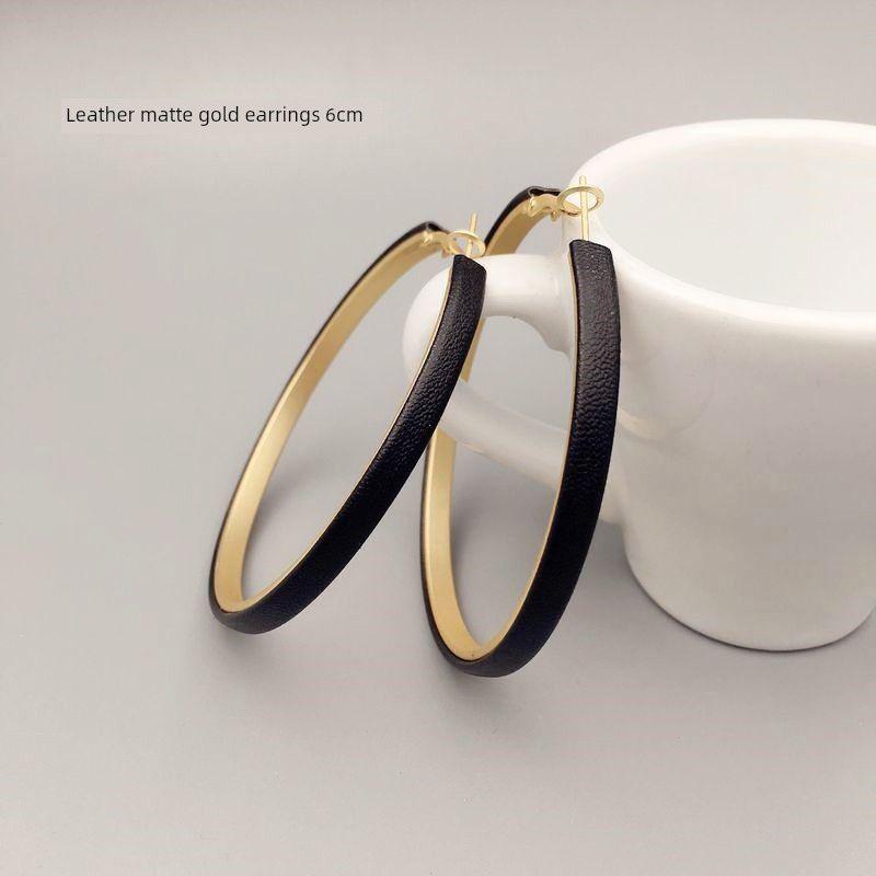 Matte Black Leather Big Hoop Earrings Exaggerated Ear Ring Female Circle Elegant South Korea Simple Personality Fashion