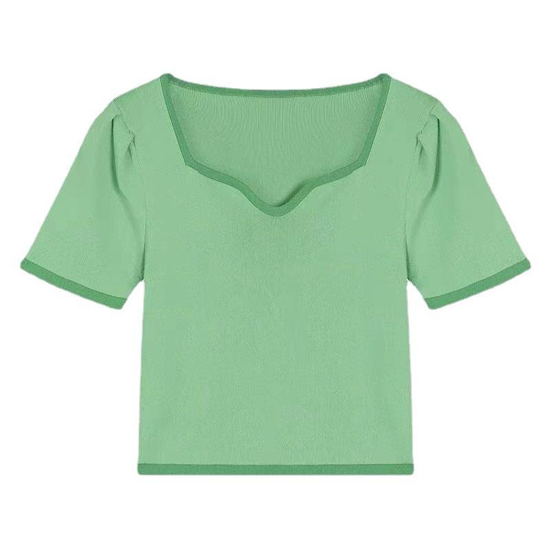 Design Sense Square Neck Knitted Short-sleeved T-shirt Tops Spring and Summer Slim Bottoming Shirt Female Casual Essential Slim Fit Pullovers Tees