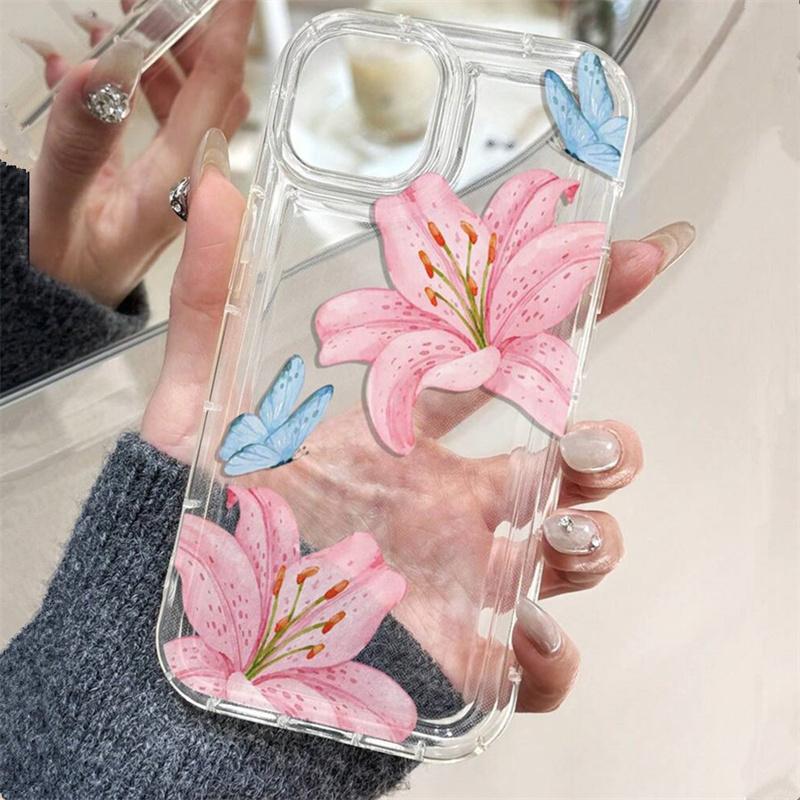 Ins Style Pink Flower Lily Pattern Phone Case for  Redmi Note 13 12 11 Pro Plus 5G 12S 11S Redmi 12C 13C Transparent Cover