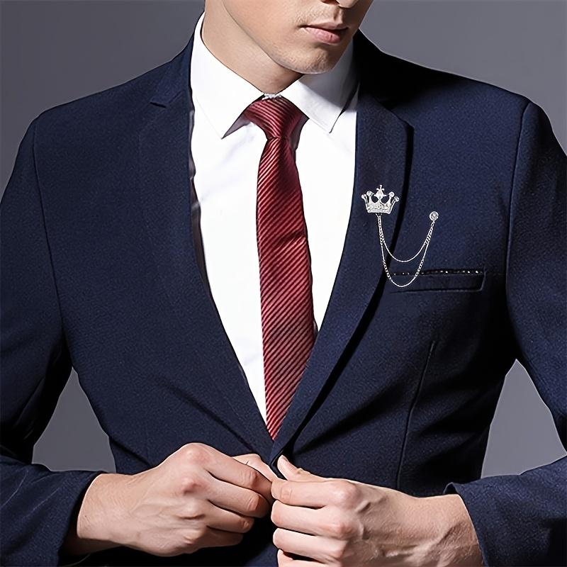 Elegant Gold Crown Brooch with Rhinestones and Chain - Premium Suit Pins for Men's Weddings, Parties and Formal Settings