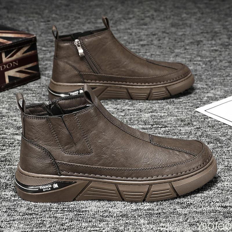 New Solid Color Round Headed Mid Zip Quality Men's Boots Casual Fashionable Versatile Men's Flat Bottomed Workwear Boots