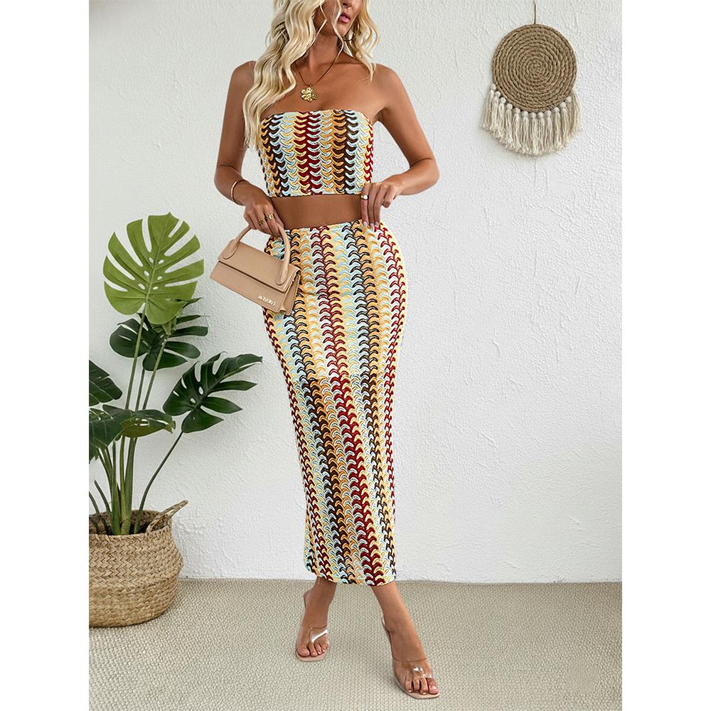 Damen Boho Rock-Sets Stickerei Bandeau Tube Top Bodycon Madi Rock Sommer Trendige Elegante Outfits