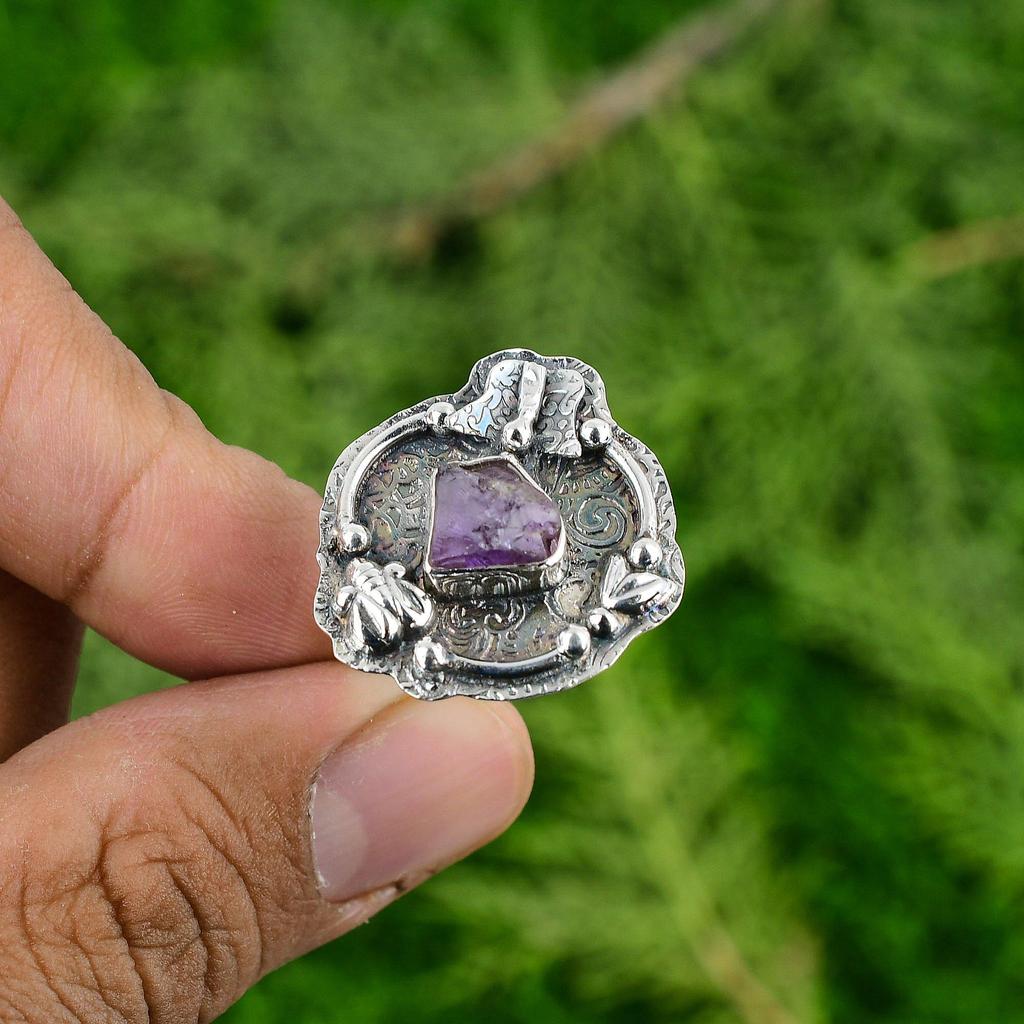 African Amethyst Rough Gemstone Solitaire Birthday Wife Ring 925 Sterling Silver