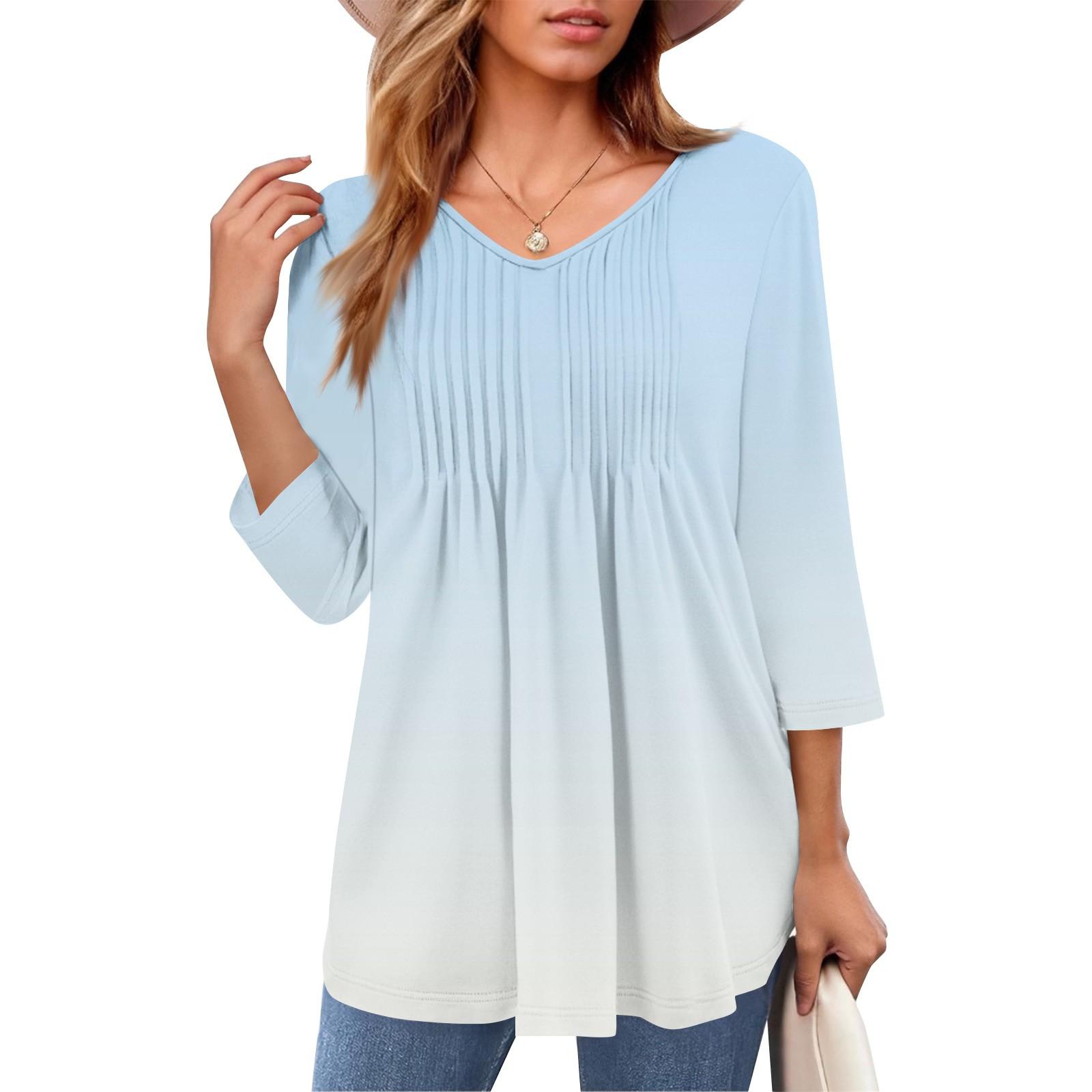 

Жіночі топи з V-подібним вирізом, рукавами три чверті, смугасті плісовані повсякденні літні модні сорочки-топи M