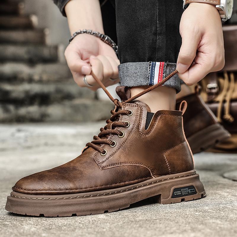 Nové business kotníkové boty pro muže Neformální ploché značkové boty Šněrovací módní Kožené boty Zimní protiskluzové vysoké boty na nářadí