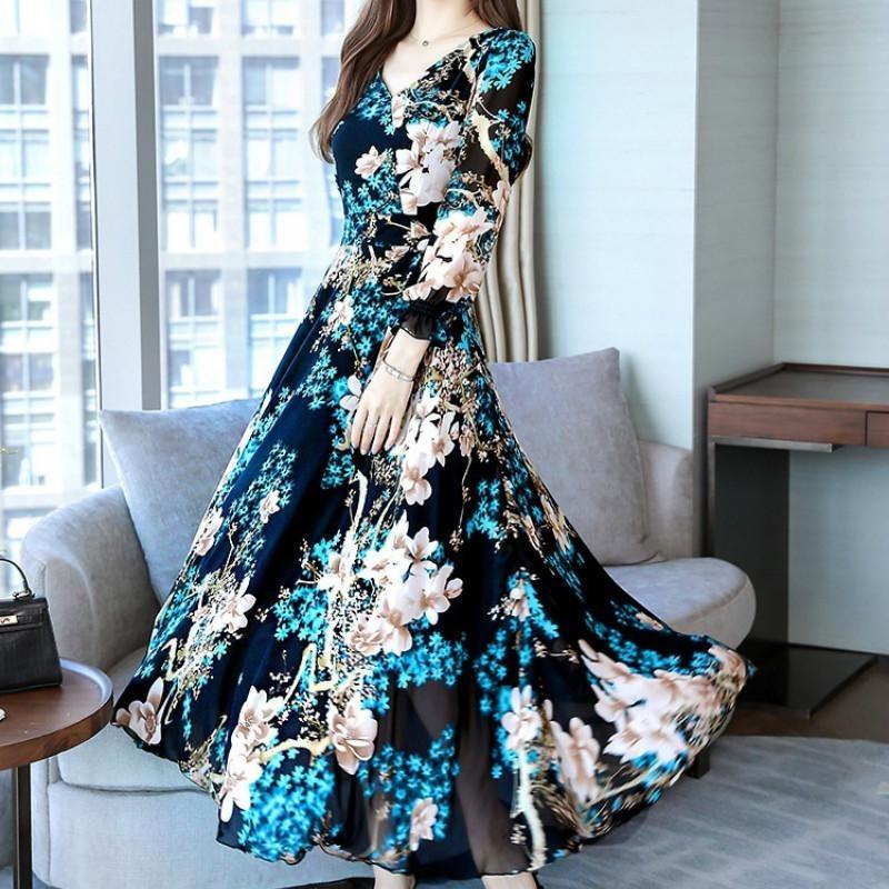 Langermet V-halskjole Kvinner Høst Slim Fit Lang A-linje stort skjørt