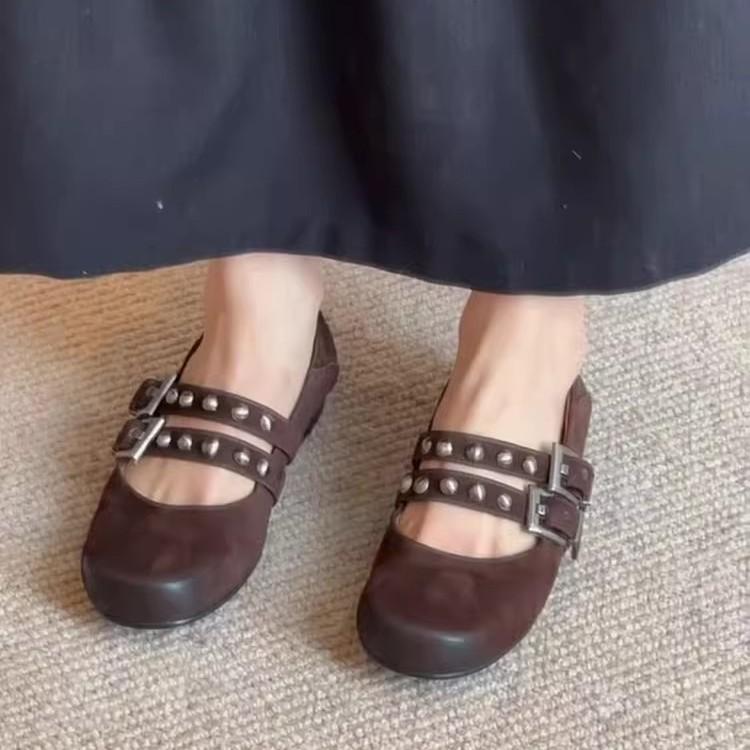 Sheepskin Version~ Stylish and Simple Rivet Double-breasted Shallow Mouth Single Shoes Women's Retro Leather Round Head Flat Mary Jane Shoes