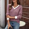 Women's Casual And Fashionable V-neck Contrast Color Long-sleeved Top
