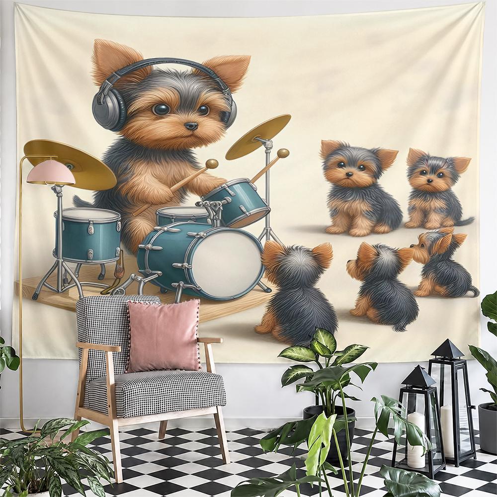 Funny Wall Tapestry Yorkshire Terrier Puppy Playing Drums with Headphones Music Band Decor for Kids Room Studio Gift