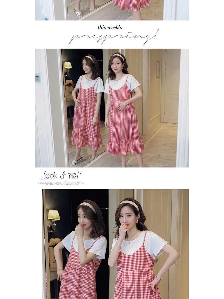 Korean Plus Size Maternity Plaid Dress - Short-Sleeve, Two-Piece Look, Loose Fit, Round Neck