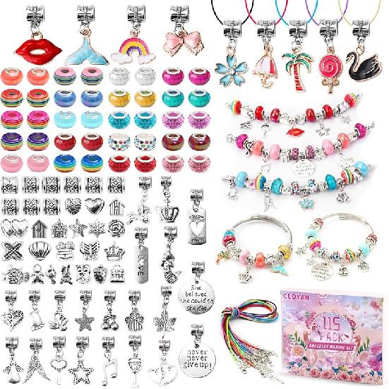 CLOYAN Charm Bracelet Making Kit for Girls, 115PCS Jewelry Making Kits for Girls with Beads, Jewelry Charms, String Necklace, Bracelets for DIY 115pcs bracelet making ki