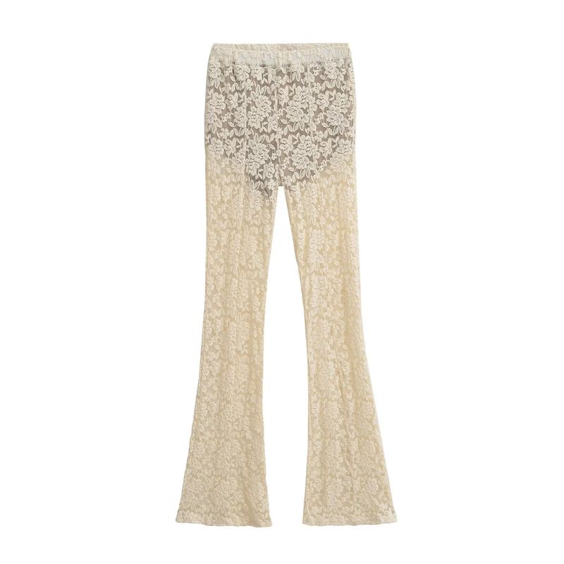 

Прозрачный тип Американский Сексуальный Сексуальный Кружевной Вырез Брюки Женские Летние Силуэт Стройнящие Легче всего сочетать Повседневные Брюки Клеш Apricot L