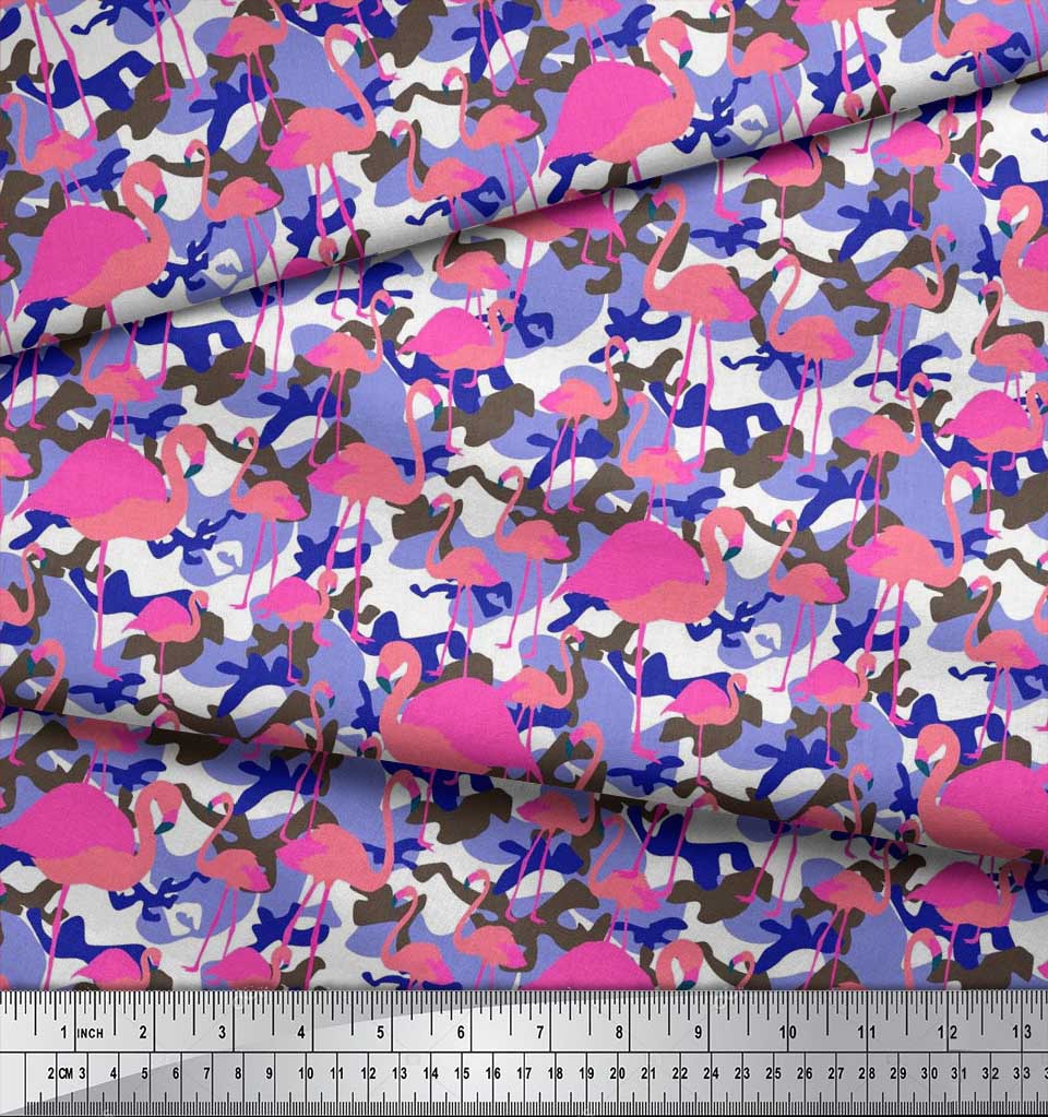 Soimoi Japan Crepe Satin Fabric Camouflage Texture & Flamingo Bird Printed Craft Fabric by the Metre 42 Inch