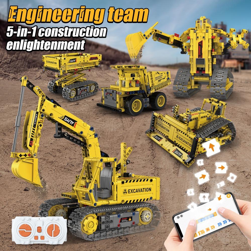 K96173 555PCS 5-in-1 Programmable Engineering Vehicle Remote Control Building Blocks for STEM Learning Creative Play