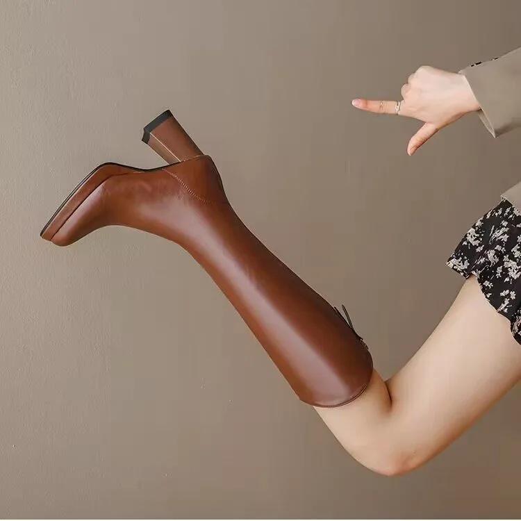 Fashion Women Long Boots Fashion Pointed Toe Thick Heel Knee High Boots Autumn Winter Ladies Elegant Party High Heel Shoes Bota Feminina