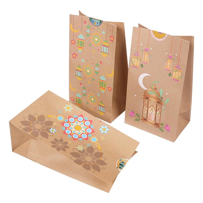 12pcs Muslim Ramadan Gift Bag with Stickers Eid Mubarak Kraft Paper Candy Cookie Packaging Bag 2025 Islamic Party Decor Supplies