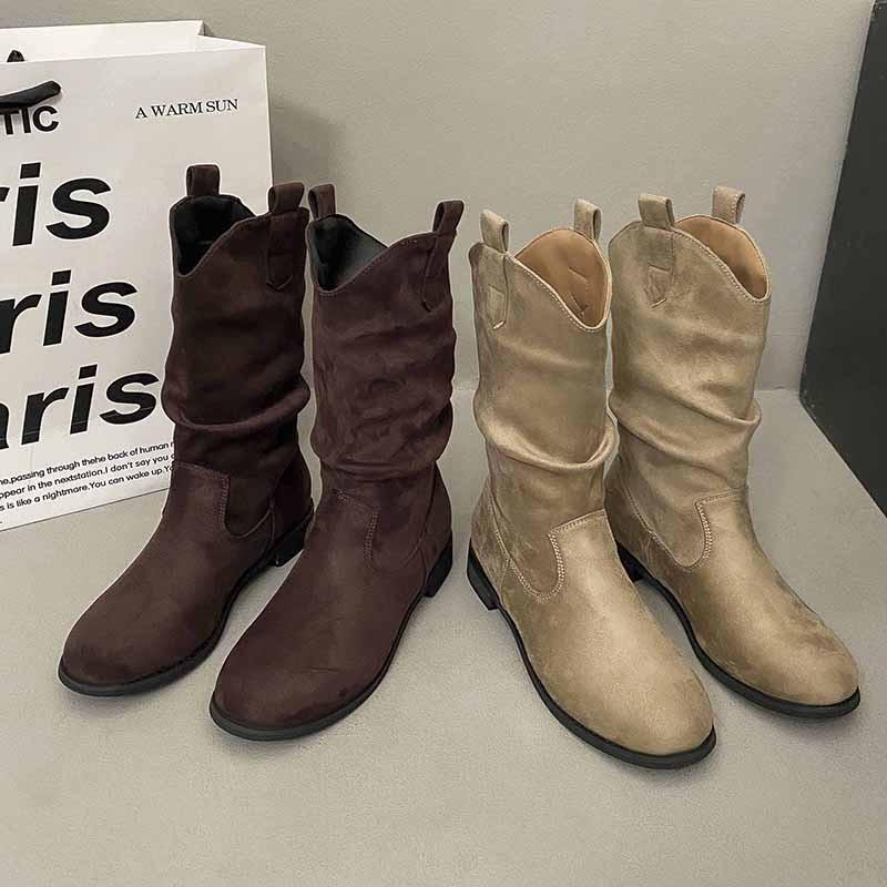 Brown Martin Boots Women's New Autumn Maillard Wasteland Western Boots Medium Tube Knight Pile Short Boots